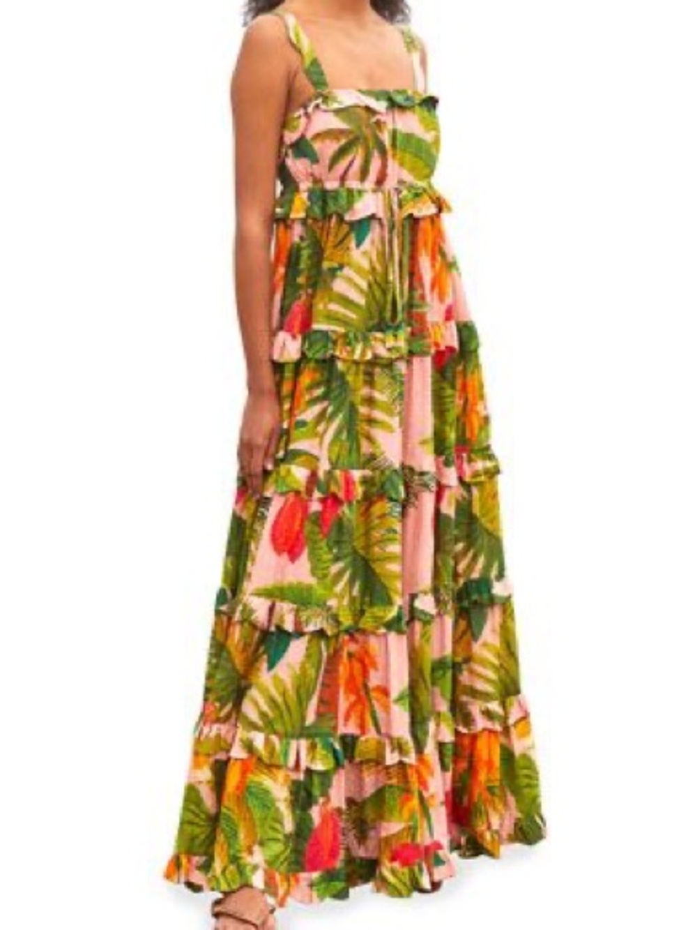 FARM Rio Tiered Tropical Maxi Dress in Pink and Green